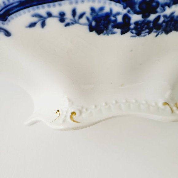 J&G Meakin Flow Blue Covered Vegetable Dish, Embossed w/Gold Accents, England - Picture 15 of 16